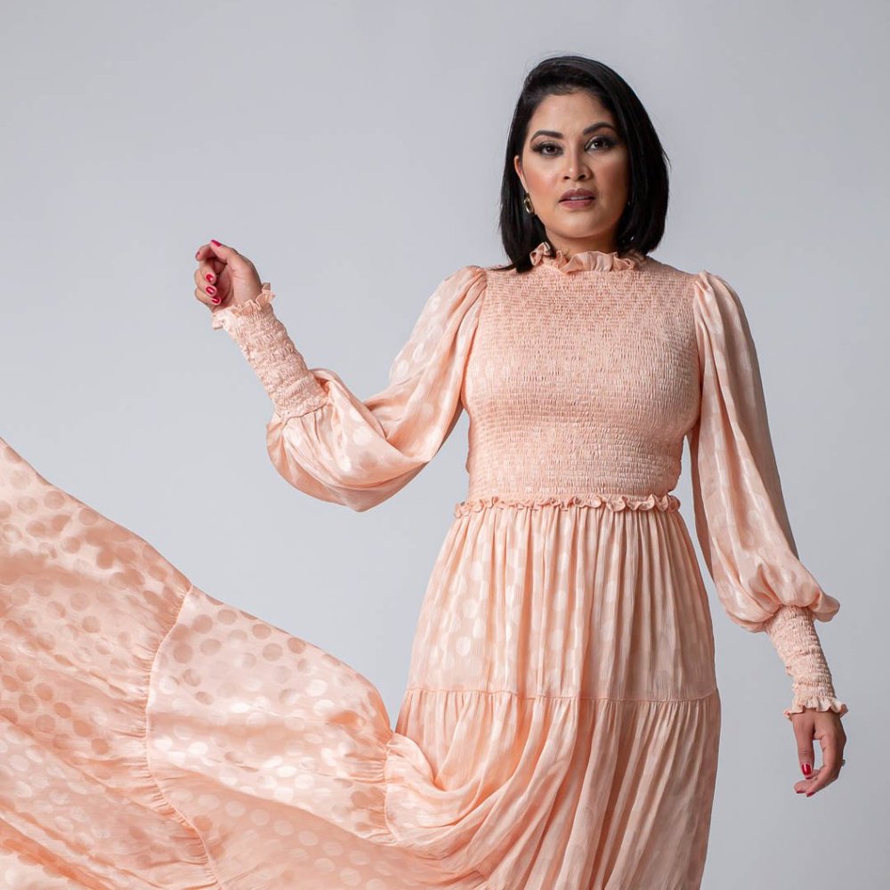 Peach Long Dress with Long Sleeves and a Ruffled Collar